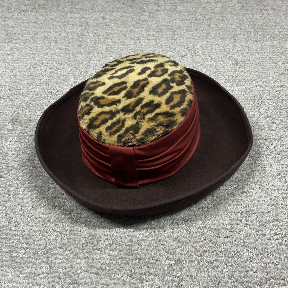 Vintage Sonni San Francisco Brown Wool Felt Wide Brim Hat Animal Print WPL 4384